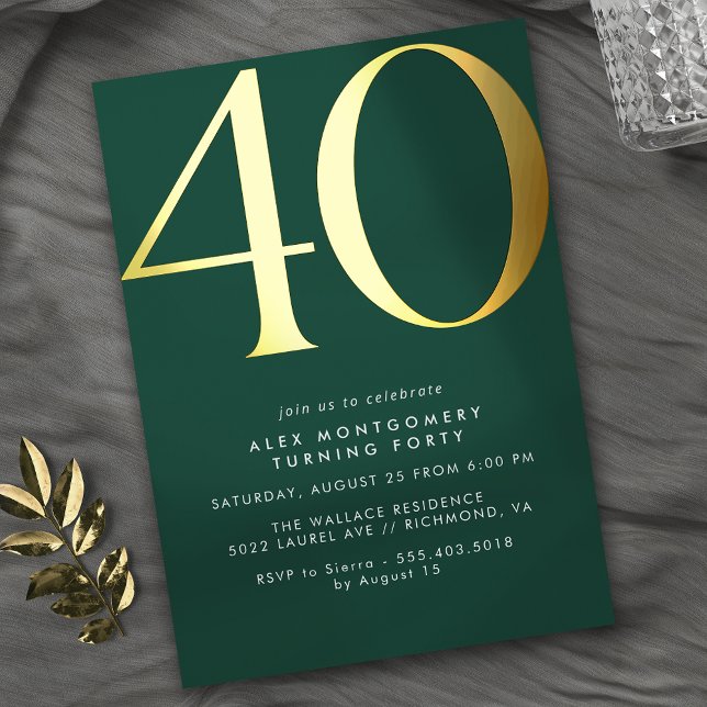 Emerald Green and Gold | Elegant 40th Birthday Folieneinladung (Von Creator hochgeladen)