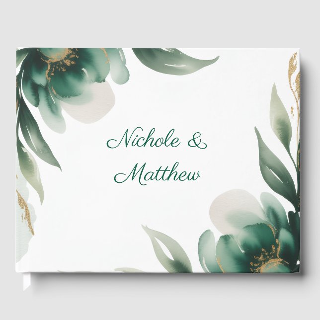Emerald Green and Gold Floral Frame Wedding Gästebuch (Vorderseite)