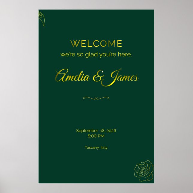Emerald Green and Gold Leaf Wedding Welcome Sign Poster (Vorne)