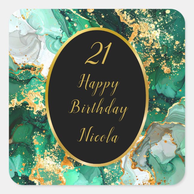 Emerald Green and Gold Marble Agate Birthday Party Quadratischer Aufkleber (Vorderseite)