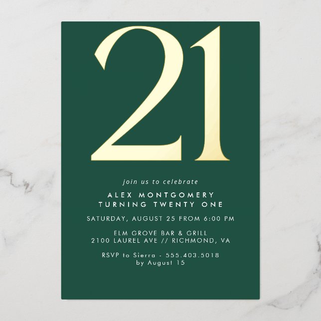 Emerald Green and Gold | Modern 21st Birthday Folieneinladung (Vorderseite)