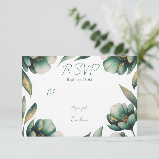Emerald Green and Gold Rose Wedding RSVP Karte (Stehend Vorderseite)