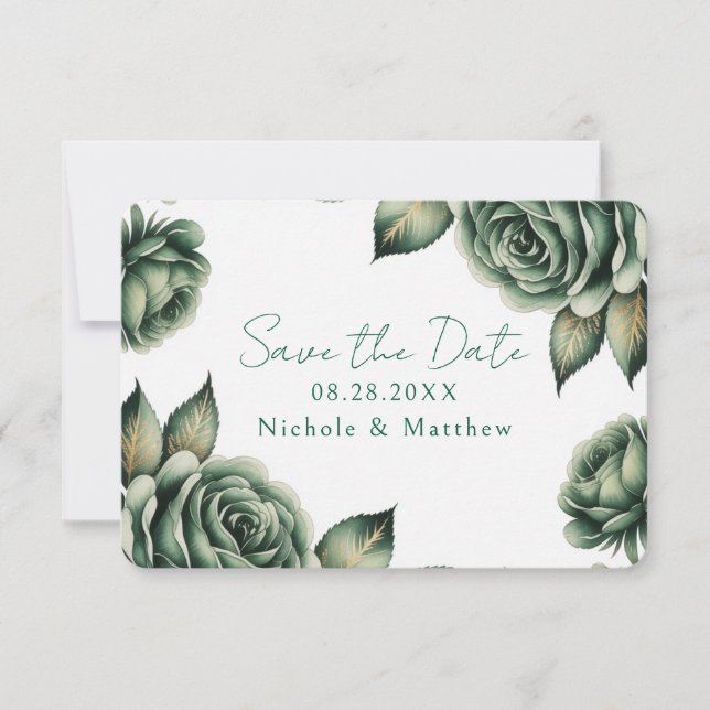 Emerald Green and Gold Rose Wedding  Save The Date (Vorderseite)