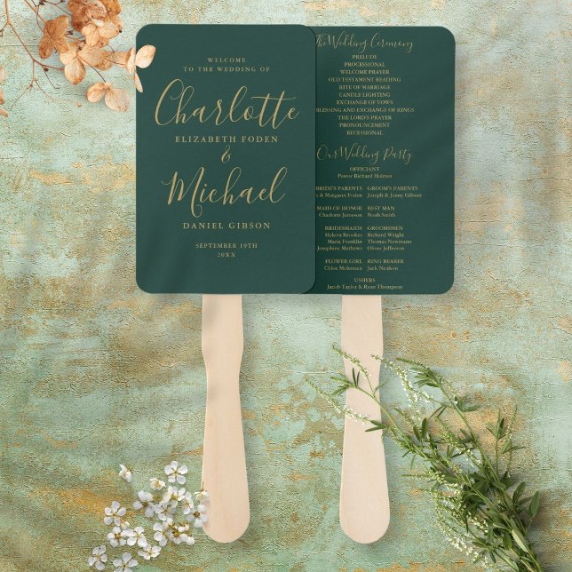 Emerald Green and Gold Script Wedding Program Fächer (Von Creator hochgeladen)