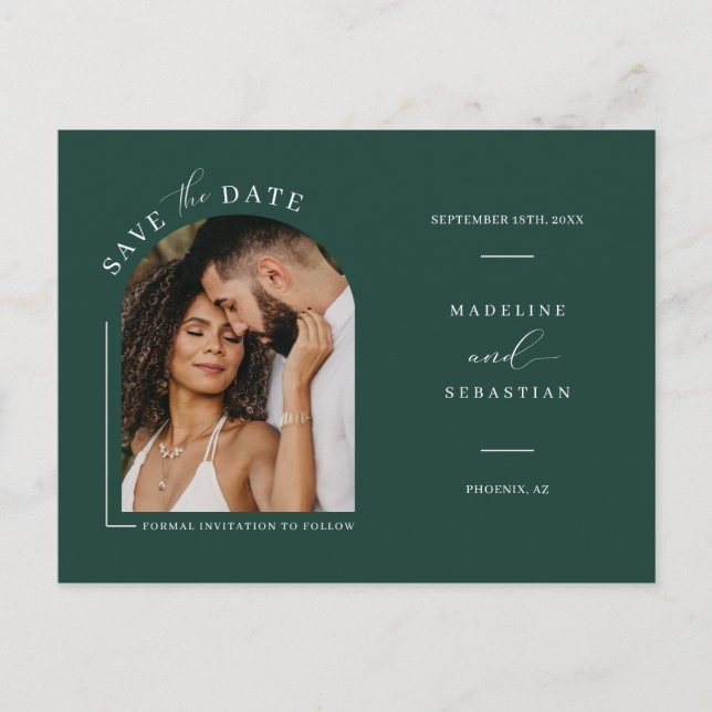 Emerald Green Arch Foto QR Code Save the Date Pos Postkarte (Vorderseite)