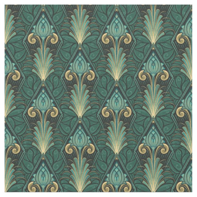 Emerald Green Art Deco Lotus im Hintergrund Stoff (Nahaufnahme)