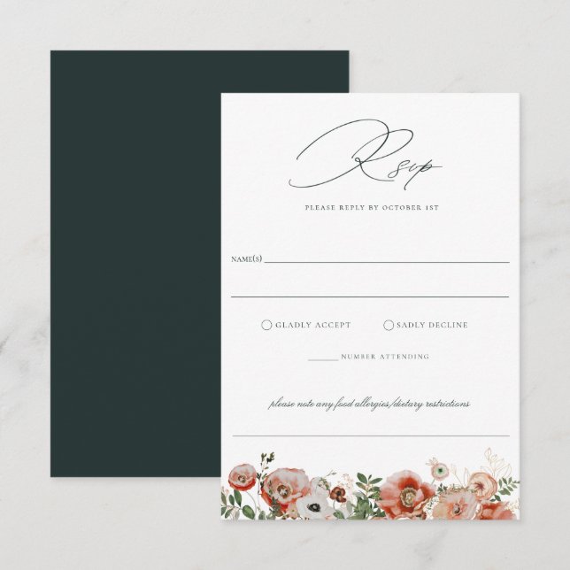 Emerald Green Autumn Floral Wedding RSVP Card Karte (Vorne/Hinten)