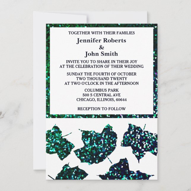 Emerald Green Blue Ombre Glitzer Fall Leaf Wedding Einladung (Vorderseite)