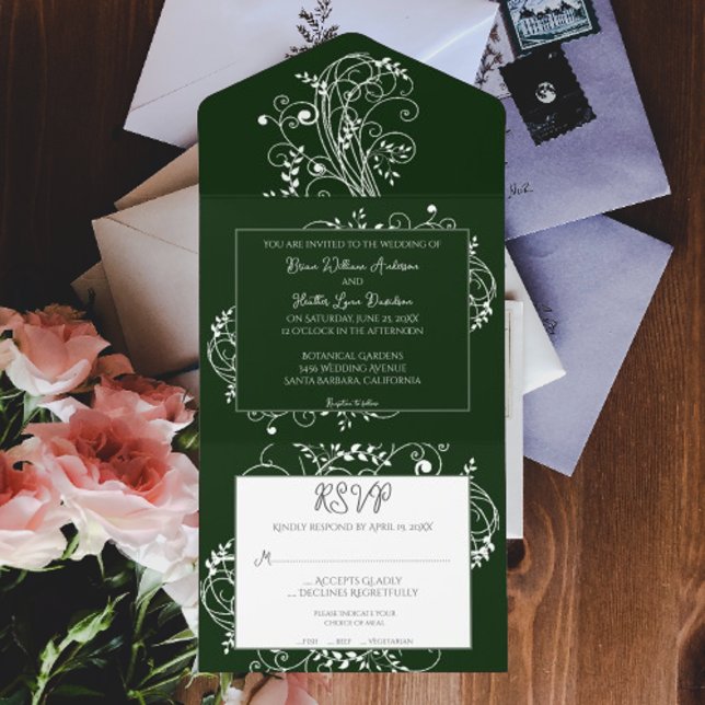 Emerald Green Blüh Wedding All In One Einladung (Emerald Green Flourish All in One Wedding Invite)