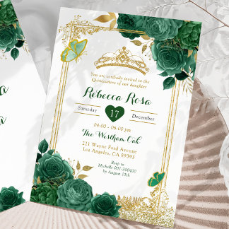 Emerald Green Blume Gold Royal Quinceañera Einladung