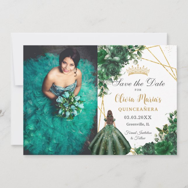 Emerald Green Blume Princess Quinceañera Foto Save The Date (Vorderseite)