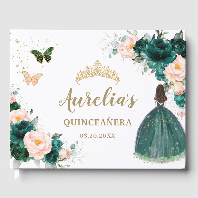 Emerald Green Blush Bloral Princess Quinceañera Gästebuch (Vorderseite)