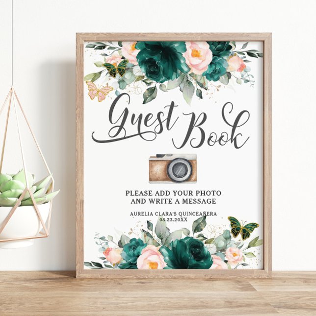 Emerald Green Blush Floral Guest Book Foto Signage Poster (Von Creator hochgeladen)