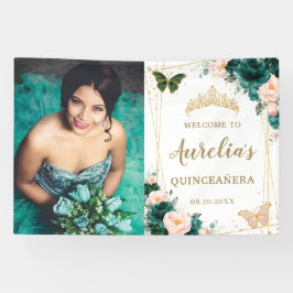 Emerald Green Blush Floral Quinceñera Hintergrund Banner