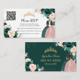 Emerald Green Blush Floral Twins Quinceañera QR Begleitkarte
