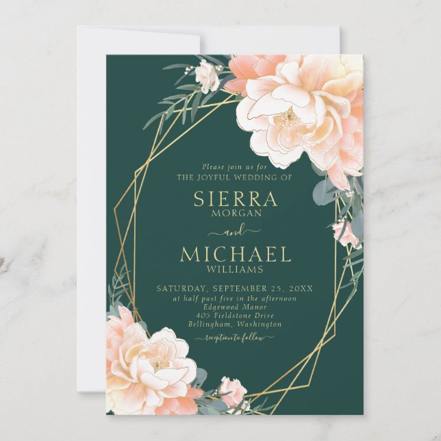 Emerald Green Blush Gold Peach Floral Wedding Einladung (Vorderseite)