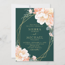 Emerald Green Blush Gold Peach Floral Wedding Einladung