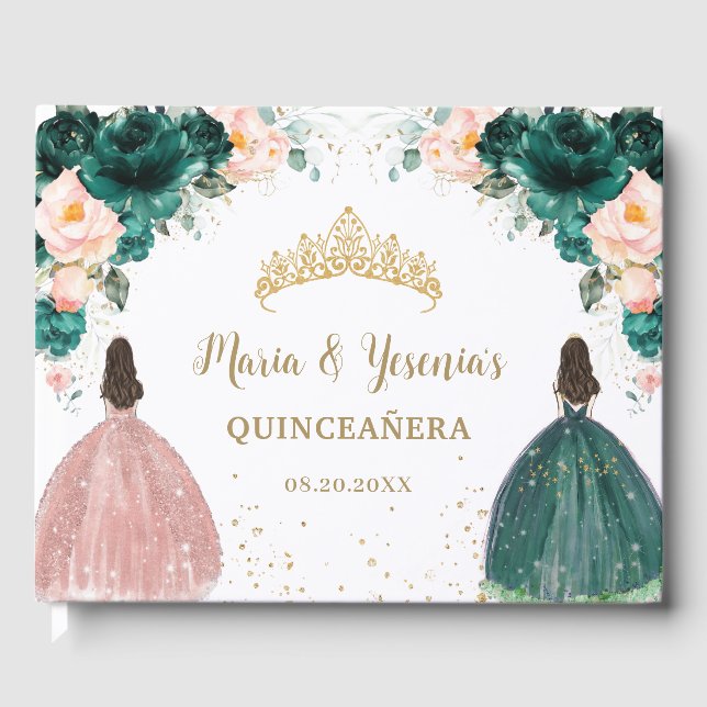 Emerald Green Blush Pink Floral Twins Quinceañera Gästebuch (Vorderseite)