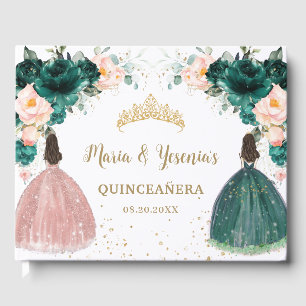 Emerald Green Blush Pink Floral Twins Quinceañera Gästebuch