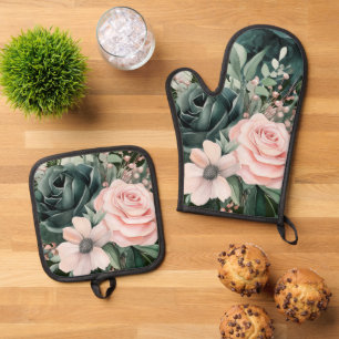 Emerald Green Blush Pink Florals Ofenhandschuh & Topflappen-Set