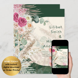 Emerald Green BOHO Blumenrosa Hochzeit Einladung