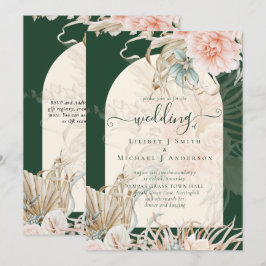 Emerald Green BOHO Peach Pampas Grass Wedding Einladung