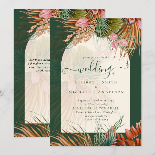 Emerald Green Boho Tropical Pampas Grass Wedding Einladung (Vorne/Hinten)