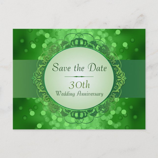 Emerald Green Bokeh Save the Date 30 Jahre Ankündigungspostkarte (Vorderseite)