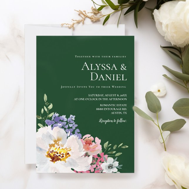 Emerald Green Bold Floral Watercolor Wedding Einladung (trendy emerald green, vibrant, bold floral blooms wedding invitation template.)