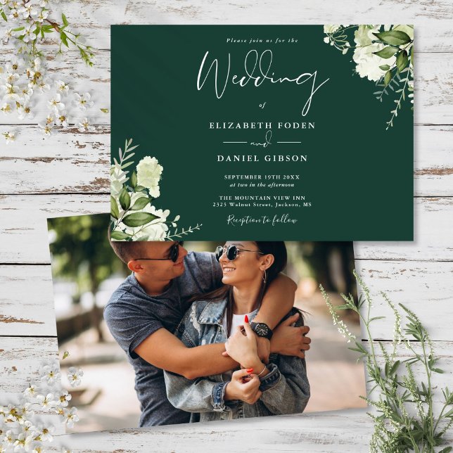 Emerald Green Botanical Greenerity Foto Wedding Einladung (Emerald Green Botanical Greenery Photo Wedding Invitation)