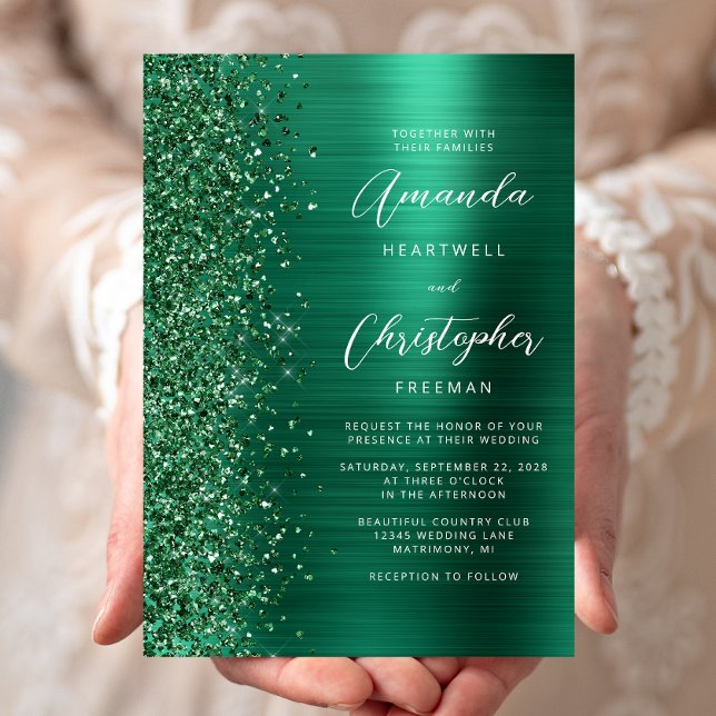 Emerald Green Brushed Metal Glitzer Script Wedding Einladung (Von Creator hochgeladen)