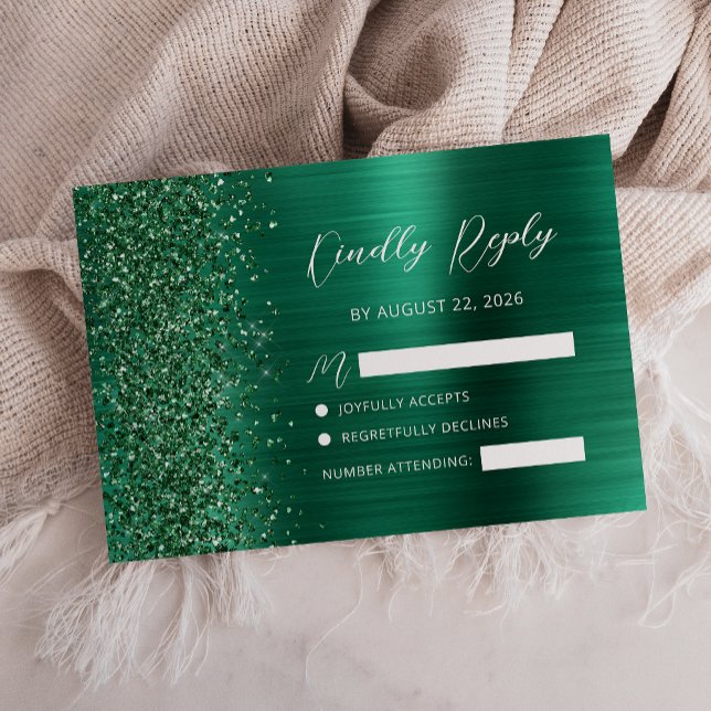 Emerald Green Brushed Metal Glitzer Script Wedding RSVP Karte (Von Creator hochgeladen)