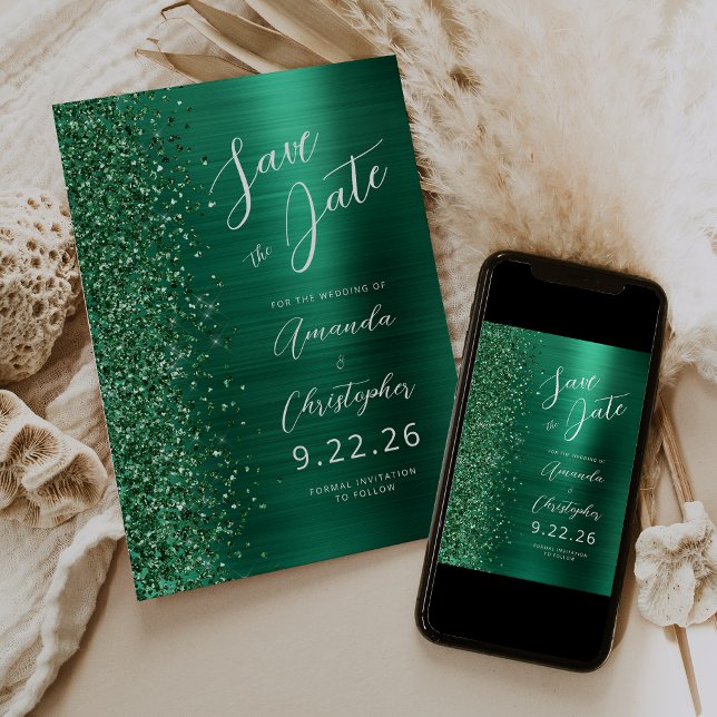 Emerald Green Brushed Metal Script Save the Date Ankündigung (Von Creator hochgeladen)