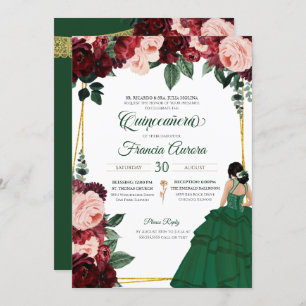 Emerald Green & Burgund Pink Floral Quinceanera Einladung