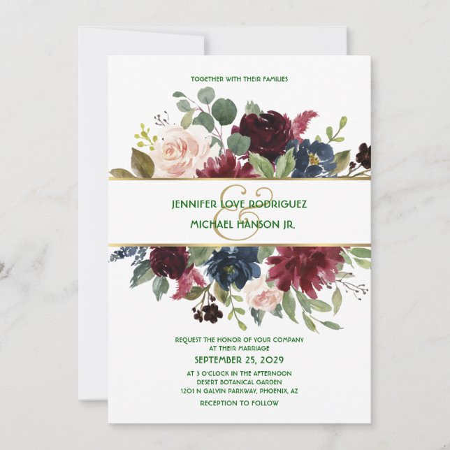 Emerald Green Burgundy Navy Gold Floral Wedding Einladung (Vorderseite)