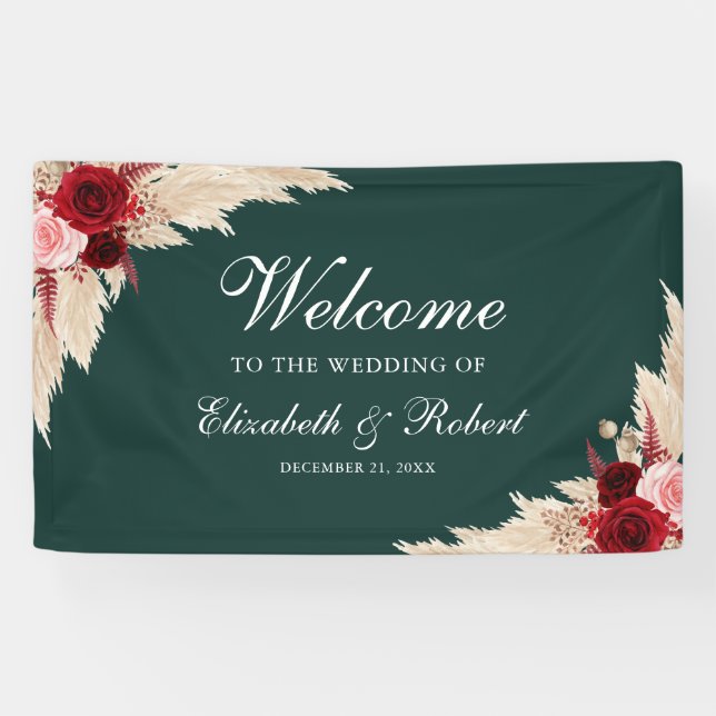 Emerald Green Burgundy Rose Begrüßung Banner (Horizontal)