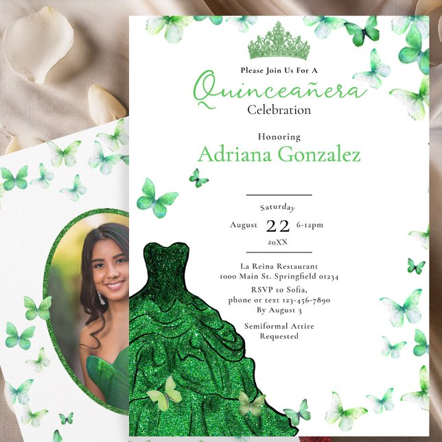 Emerald Green Butterflies Dress Photo Quinceanera Einladung (Von Creator hochgeladen)