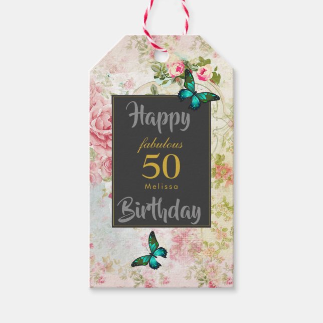 Emerald Green Butterfly auf der Vintagen Collage Geschenkanhänger (Vorderseite)