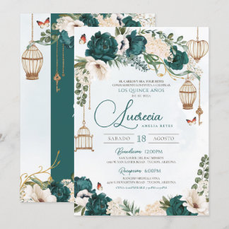 Emerald Green Butterfly Floral Elegant Quinceañera Einladung