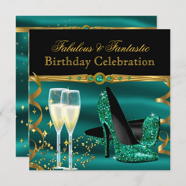 Emerald Green Champagne Heelse Geburtstagsparty Einladung (Vorne/Hinten)