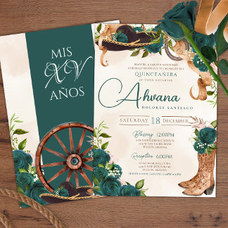 Emerald Green Charra Quinceanera Western Rose Einladung