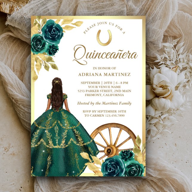 Emerald Green Charro Blumenkleid Gold Quinceanera Einladung (Von Creator hochgeladen)