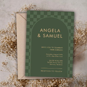 Emerald Green Checkered Modern Wedding Einladung