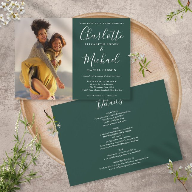 Emerald Green Chic Script Foto Hochzeit in einem Einladung (Von Creator hochgeladen)