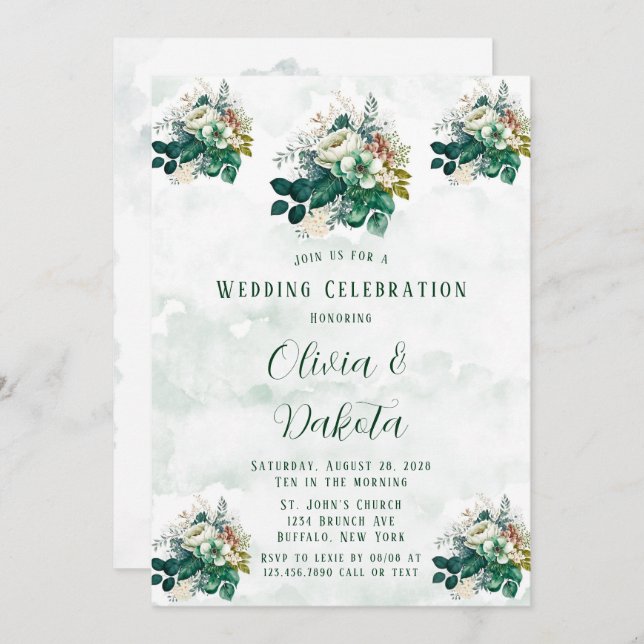 Emerald Green Cream Florals Wedding Celebration Einladung (Vorne/Hinten)