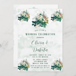 Emerald Green Cream Florals Wedding Celebration Einladung