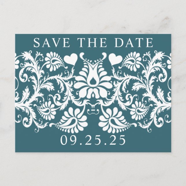 Emerald Green Damask Save the Date Ankündigungspostkarte (Vorderseite)