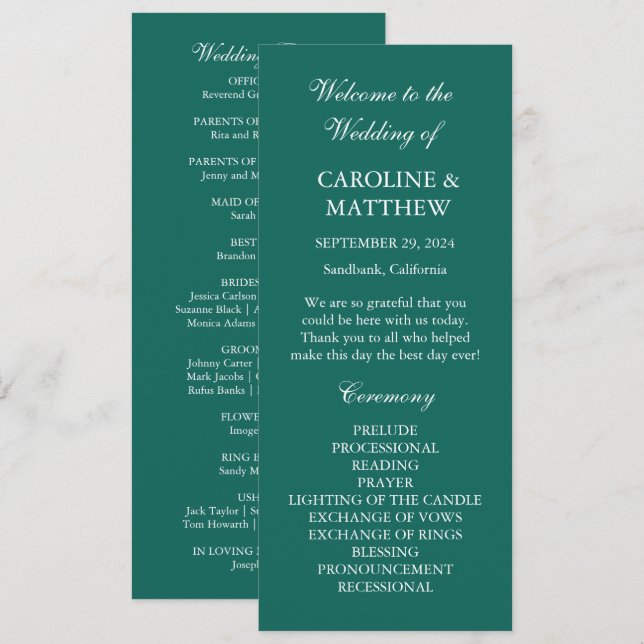 Emerald Green Dinner Moderne Minimalistische Hochz Programm (Vorne/Hinten)