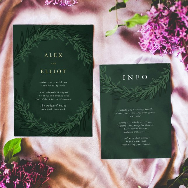 Emerald Green Dramatic Wedding Information RSVP Karte (Emerald green botanical wedding additional information enclosure card.)