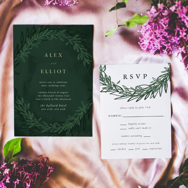 Emerald Green Dramatic Wedding Vertical RSVP Cards Karte (Emerald green botanical wedding invitation RSVP card.)